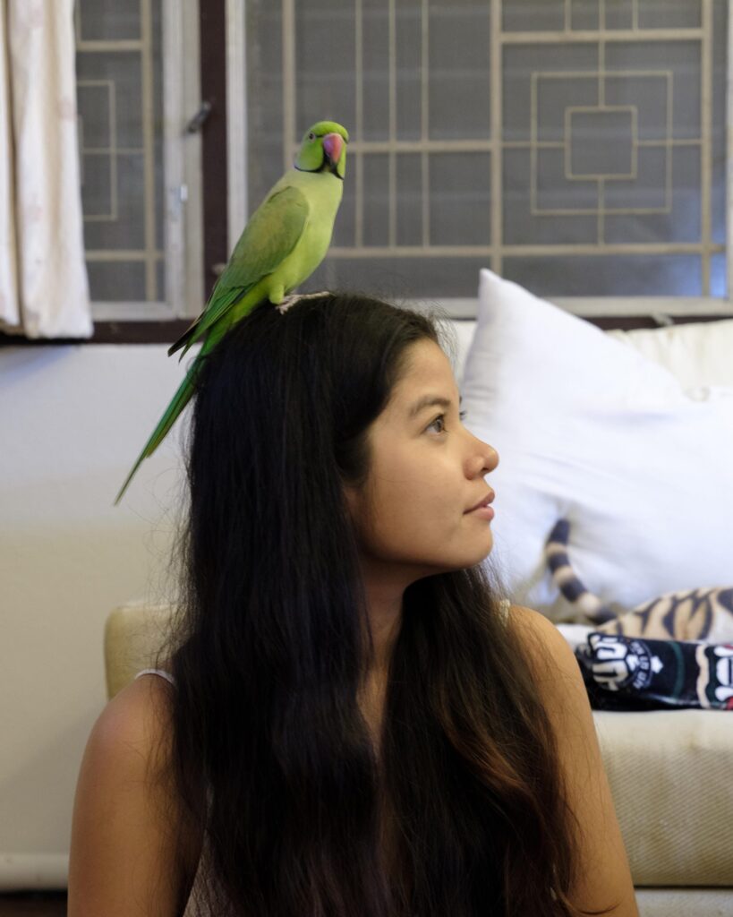 Pavee Vaidyanond with a green parrot perched on her head at home in Bangkok.