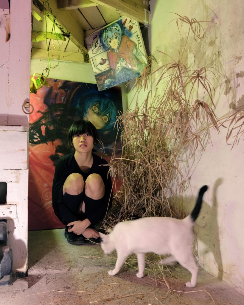 Sandee crouching beside plants and artworks while a white cat walks past in Bangkok.